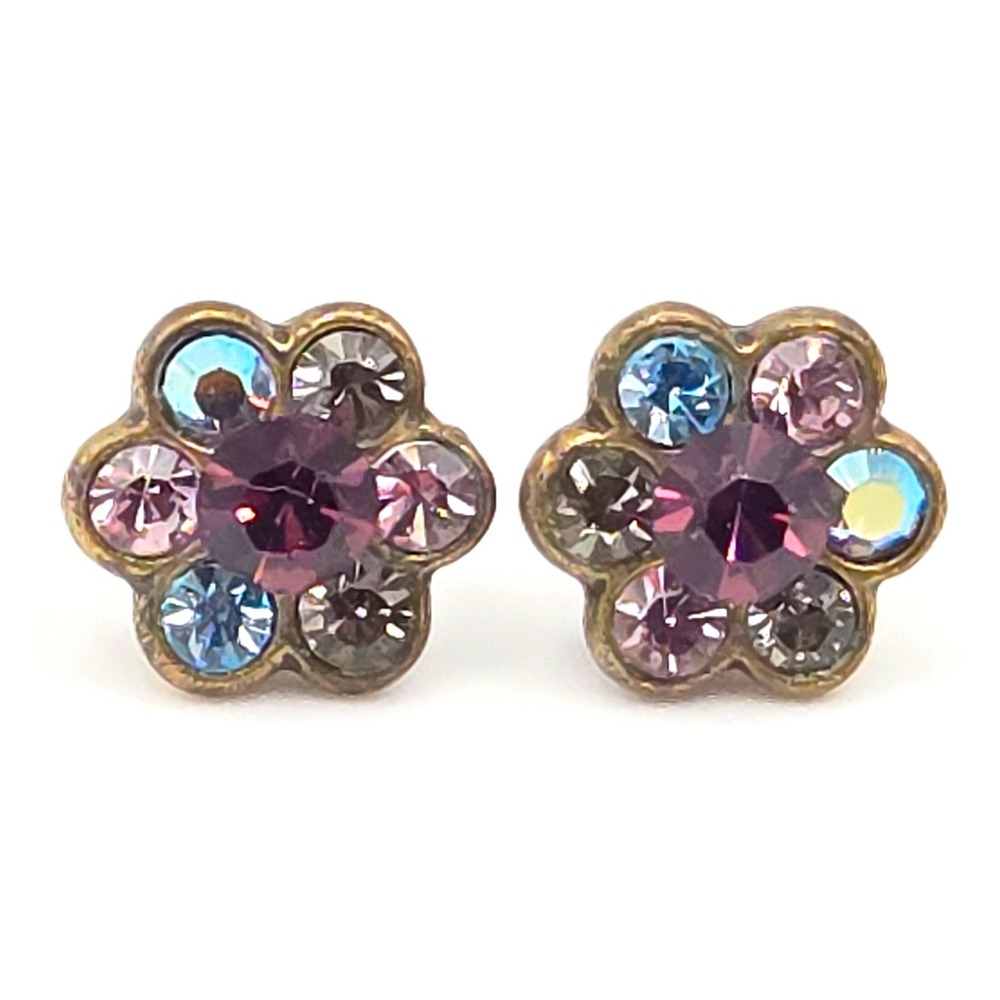 Michael Negrin Signed Multicolor Crystal Flower Stud Earrings Brass Floral